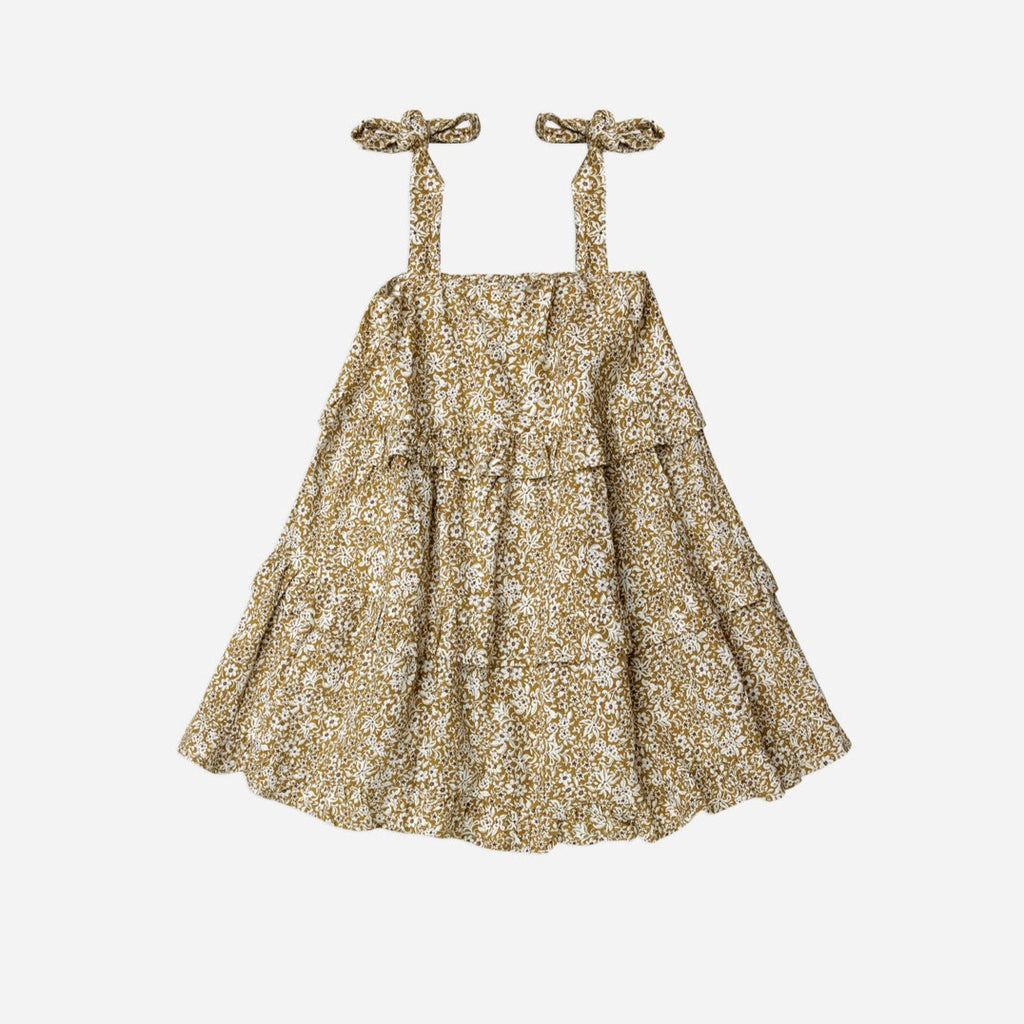 Ruffled Swing Dress in Golden Ditsy by Rylee and Cru. White background. 