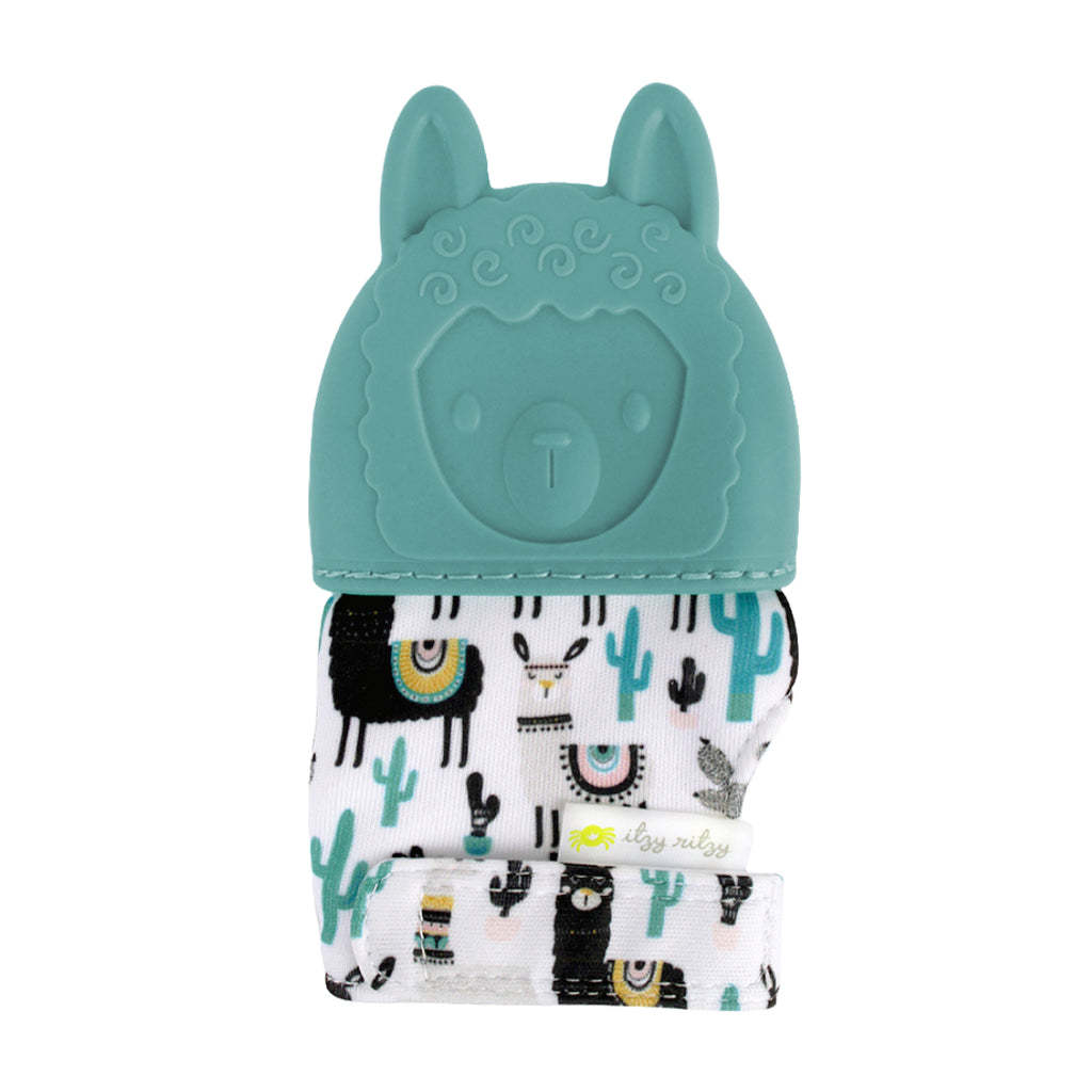 White background with the Itzy Mitt™ Silicone Teething Mitt in Llama by Itzy Ritzy. This mitt has a blue silicone llama on the top, and the body is a white crinkly fabric with black, blue & white llama pattern all over.
