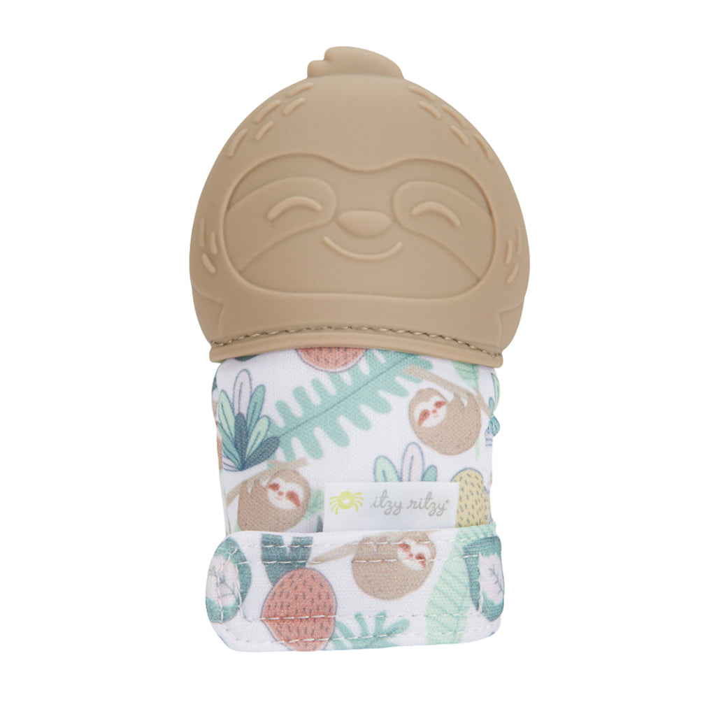 White background with the Itzy Mitt™ Silicone Teething Mitt in Sloth by Itzy Ritzy. The mitt has a beige sloth where the fingers go, and the body is a white jungle pattern made out of a crinkly material.