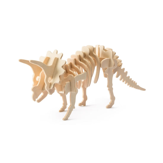 White background with a built 3D Wooden Puzzle of a Triceratops by Hands Craft.