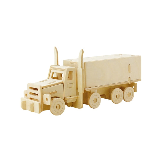 White background with a built 3D Wooden Puzzle of a Transport Truck by Hands Craft.