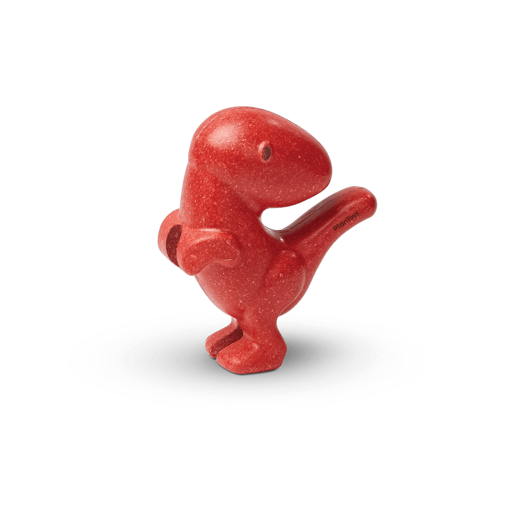 Clear background with Tyrannosaurus Rex by PlanToys. He is red and made of wood.