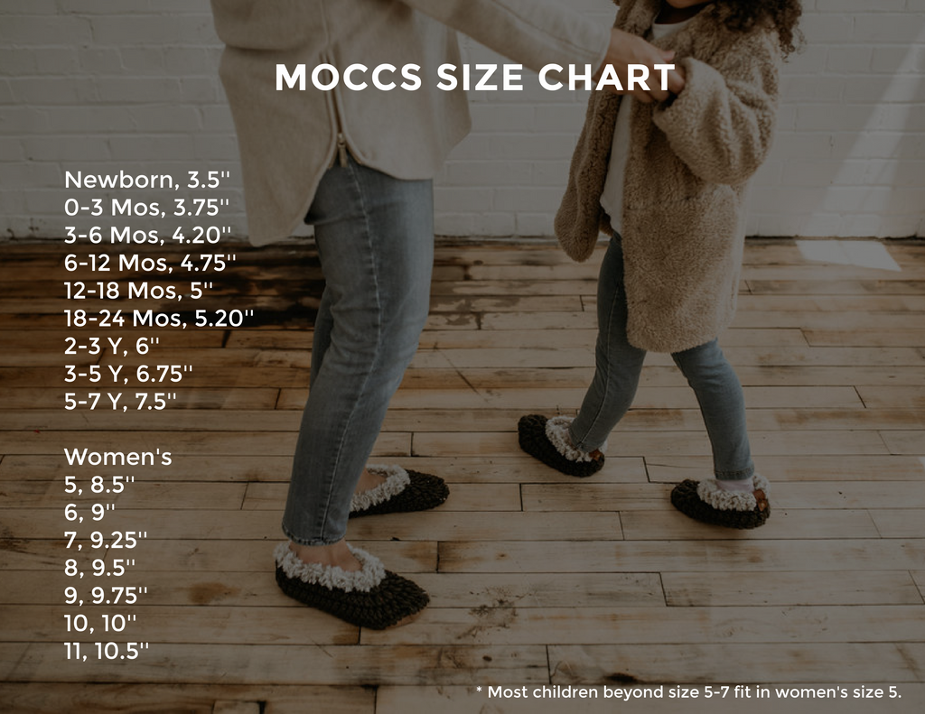 Size chart for Handknit Moccs by Petit Nordique.