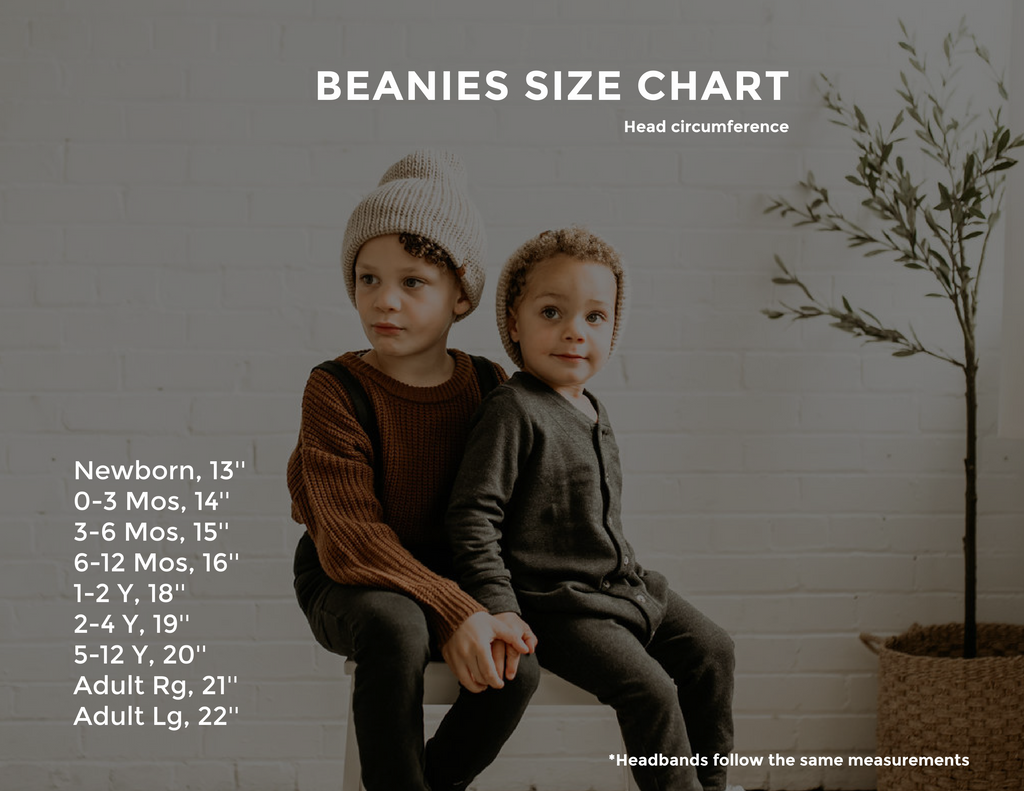 Size chart for the Handknit Beanies by Petit Nordique.