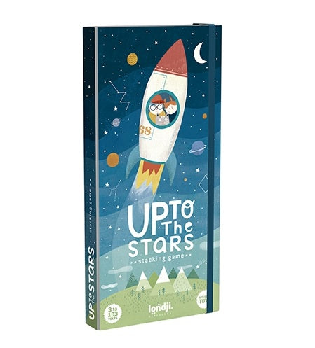 White background with the box for Up To The Stars Wooden Toy by Londji.