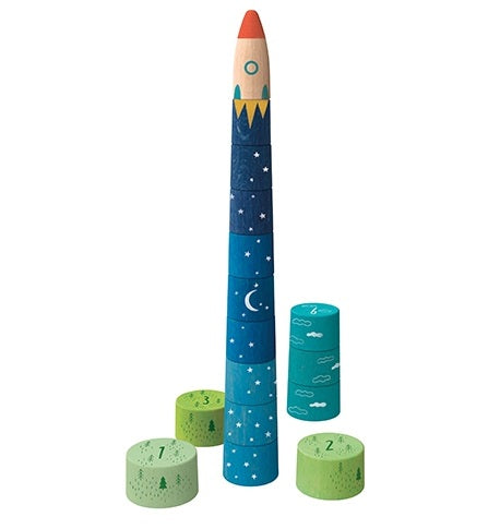 White background with Up To The Stars Wooden Toy by Londji built, and stacked up. It's a stacking toy that stacks high and looks like a rocket.