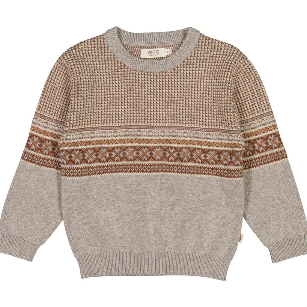 Jacquard Pullover Elias Warm Grey Melange by Wheat Kids Clothing with a white background. 
