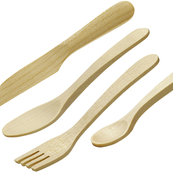 White background with Wood Cutlery Set by Erzi. Showing wood knife, big spoon, fork, and little spoon.