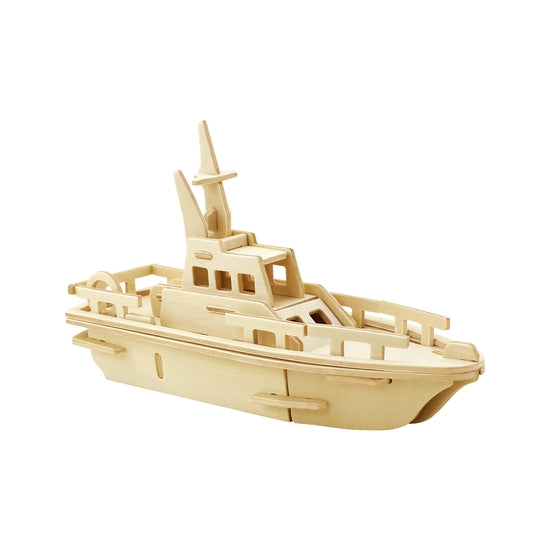 White background with a built 3D Wooden Puzzle of a Yacht by Hands Craft.