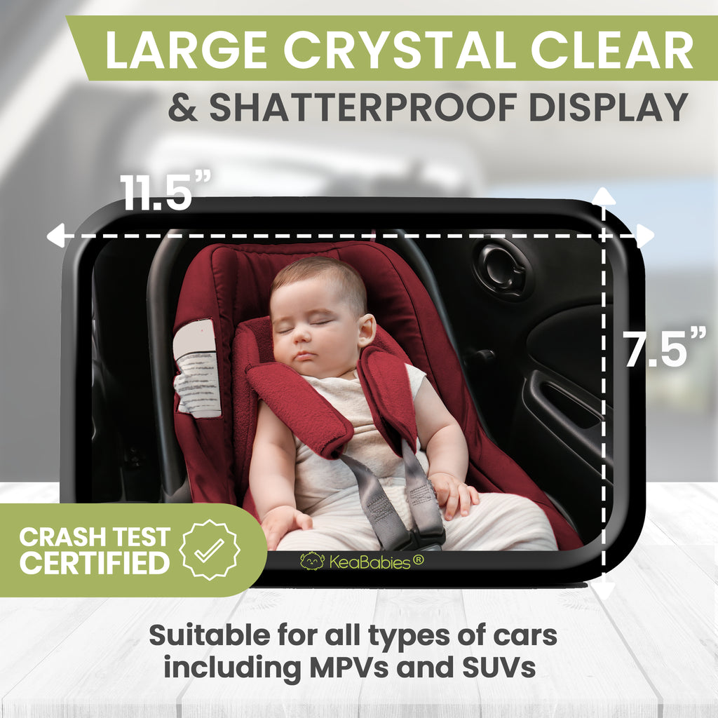 Blurred background with the Car Seat Mirror by KeaBabies. Shows the size of the mirror, 11.5" x 7.5", and says "Large crystal clear & shatterproof display. Suitable for all types of cars oncluding MPVs and SUVs"