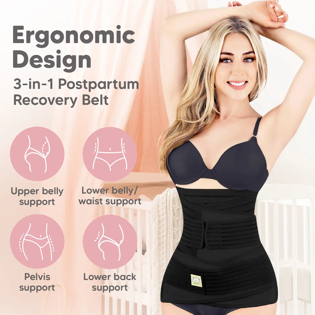 Nursery background with a woman on the right, wearing the Revive 3-in-1 Postpartum Recovery Support Belt by KeaBabies. It says "Ergonomic Design: 3-in-1 Postpartum Recovery Belt. Upper Belly Support, Lower Belly Support, Pelvis Support, Lower Back Support.