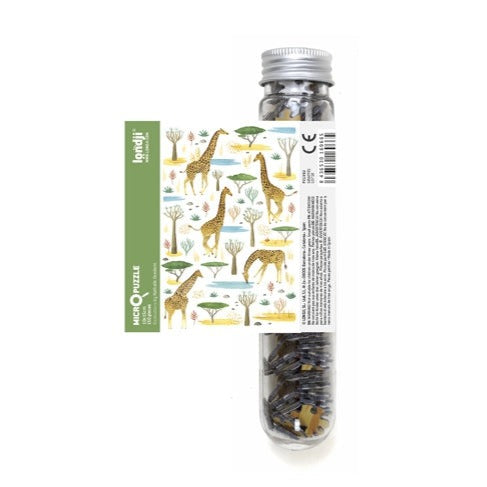 White background with Wildlife Mix Micropuzzle in Giraffes by Londji. Puzzle comes in a clear tube.