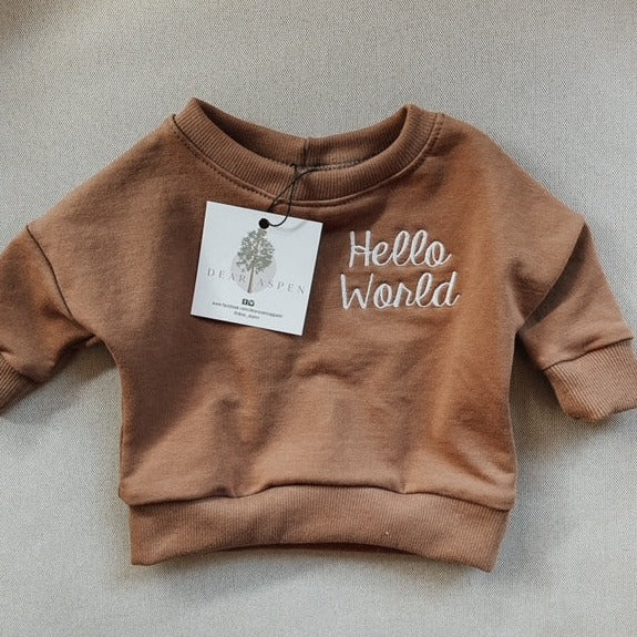 Grey background with Hello World Crewneck in Coffee by Dear Aspen. Crewneck is a cool toned brown with "Hello World" embroidered in white on the left chest.