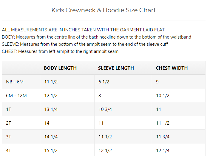 White background with a size chart for Posh and Cozy crewnecks.
