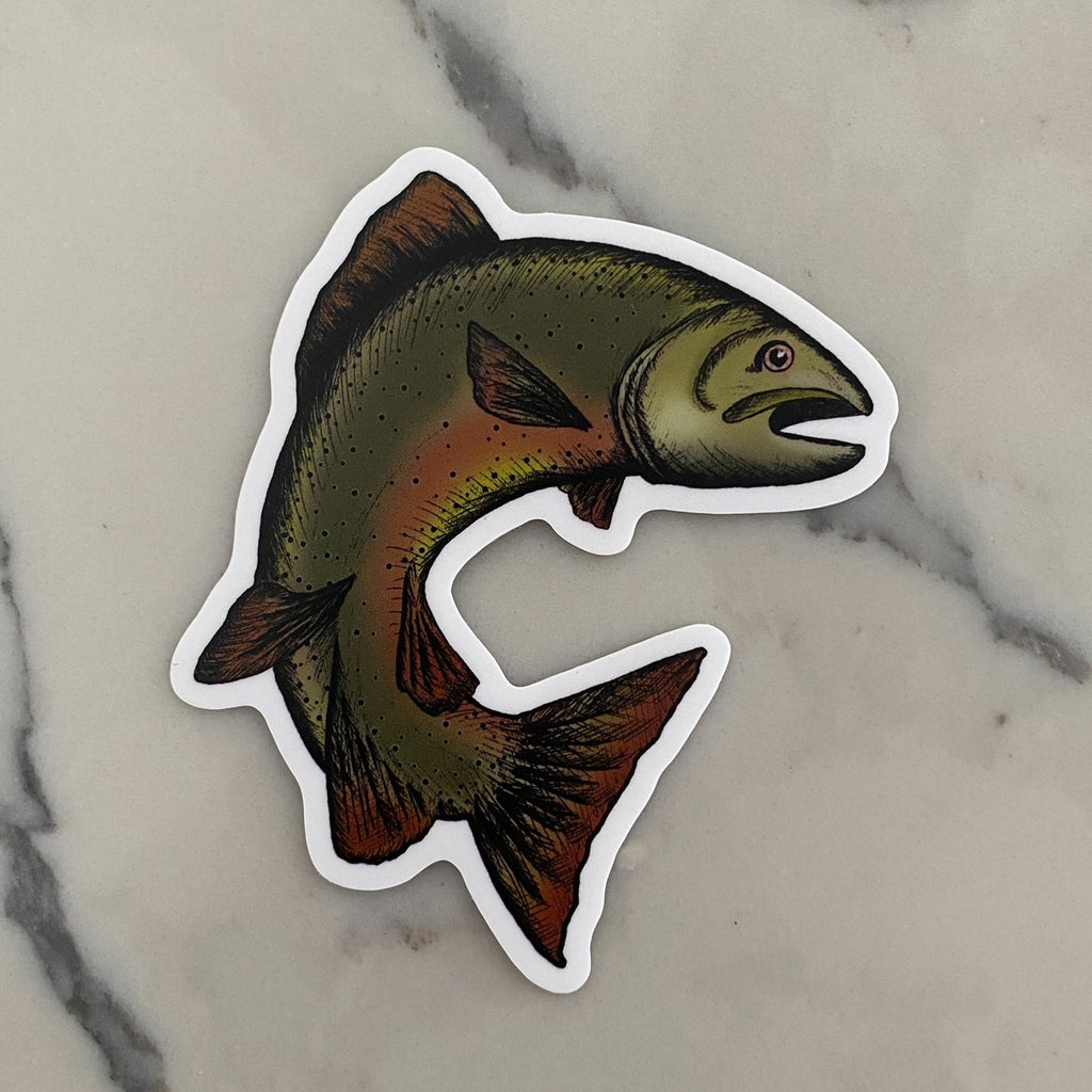 White marble background with the Sticker in Trout (glossy) by The Pine Company. 