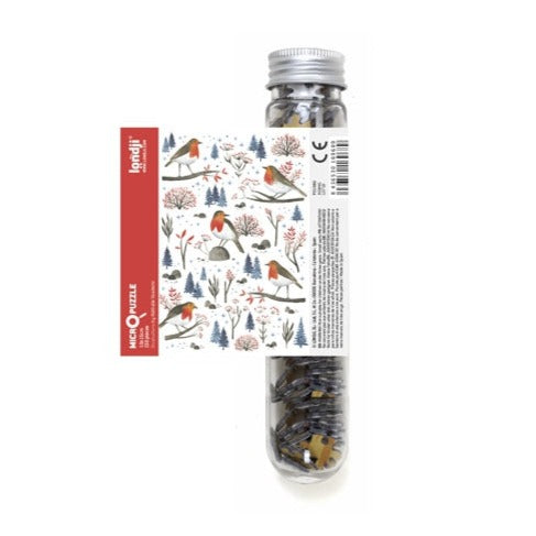 White background with Wildlife Mix Micropuzzle in Robins by Londji. Puzzle comes in a clear tube.