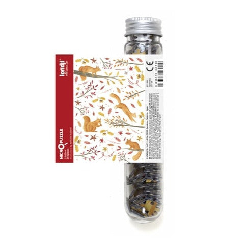 White background with Wildlife Mix Micropuzzle in Squirrels by Londji. Puzzle comes in a clear tube.