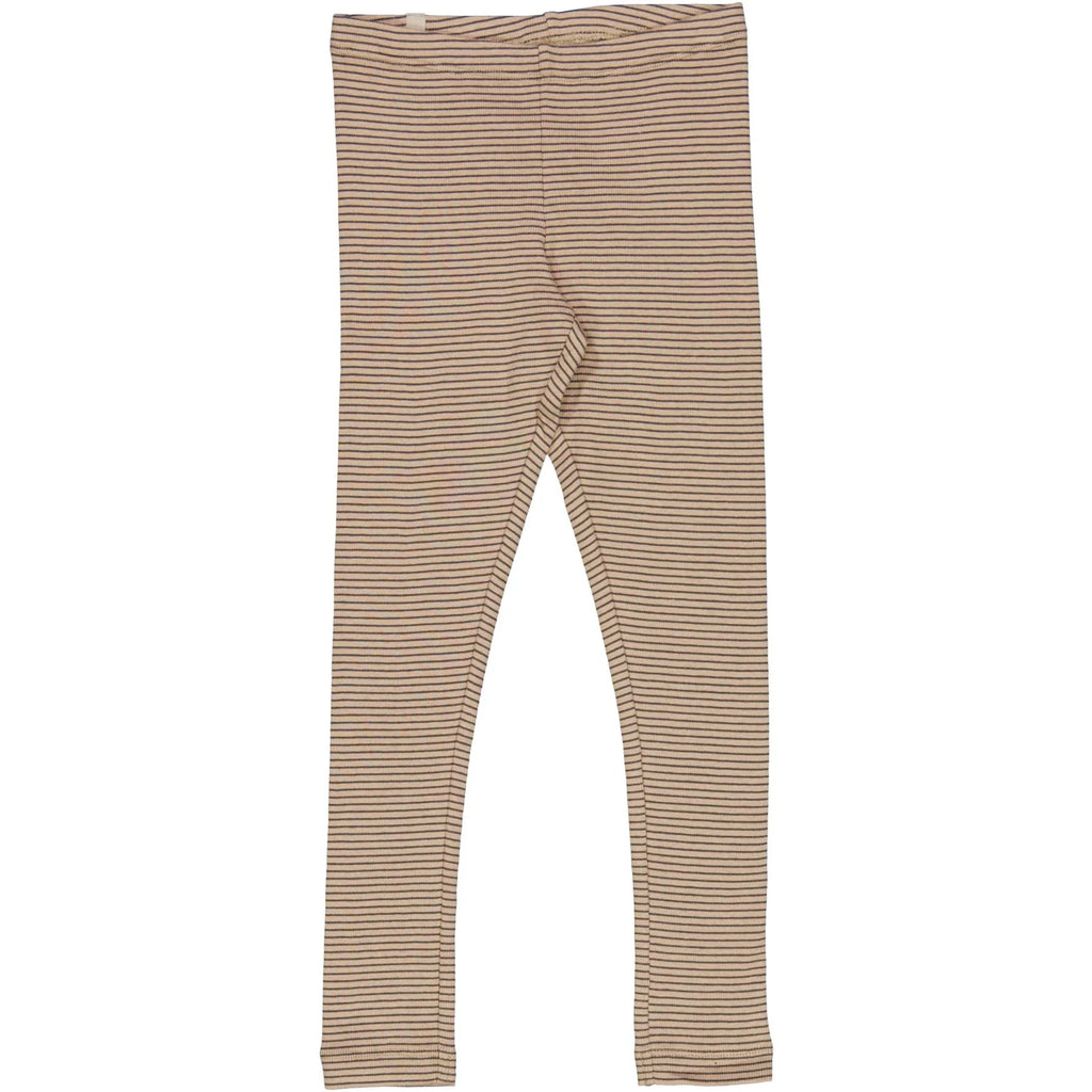 White background with rib leggings in affogato stripe by Wheat Kids Clothing. Beige and Black striped leggings